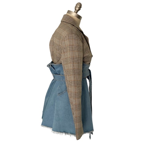 Denim Peplum Mix Media Plaid Long Sleeve Blazer - Picture 4 of 7